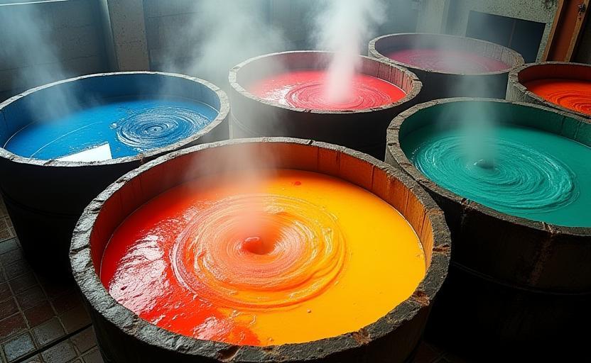 Large dyeing tubs with vibrant colours