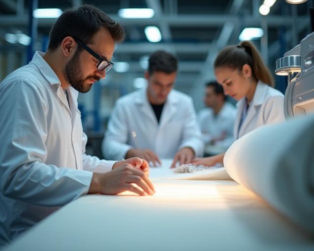 Quality inspectors examining fabric under bright light